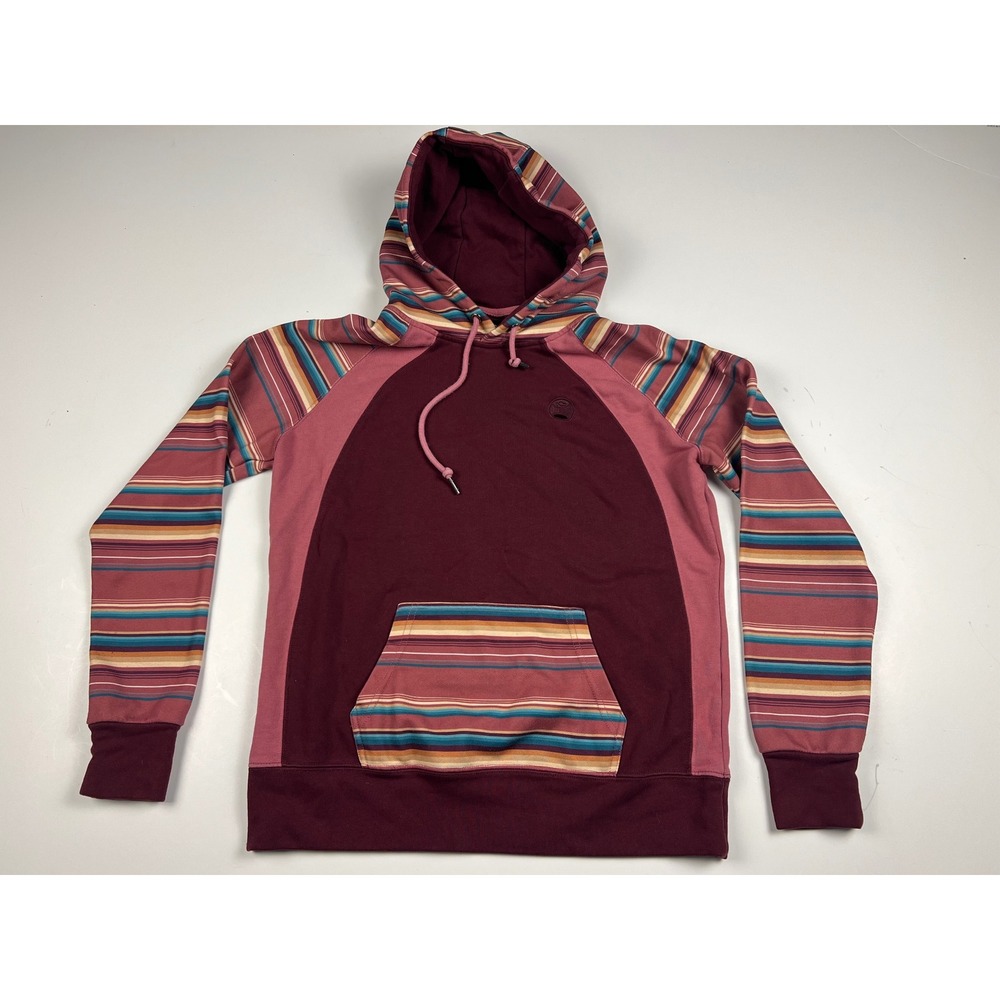 HOOEY Womens Cowgirl Southwestern Stripe Hoodie Maroon Pink Raglan Smal
